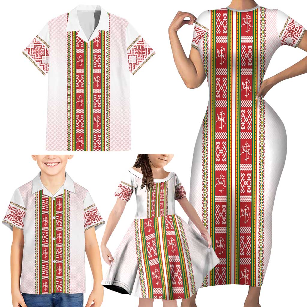 Lithuania Folk Pattern Vytis Motif Family Matching Short Sleeve Bodycon Dress and Hawaiian Shirt