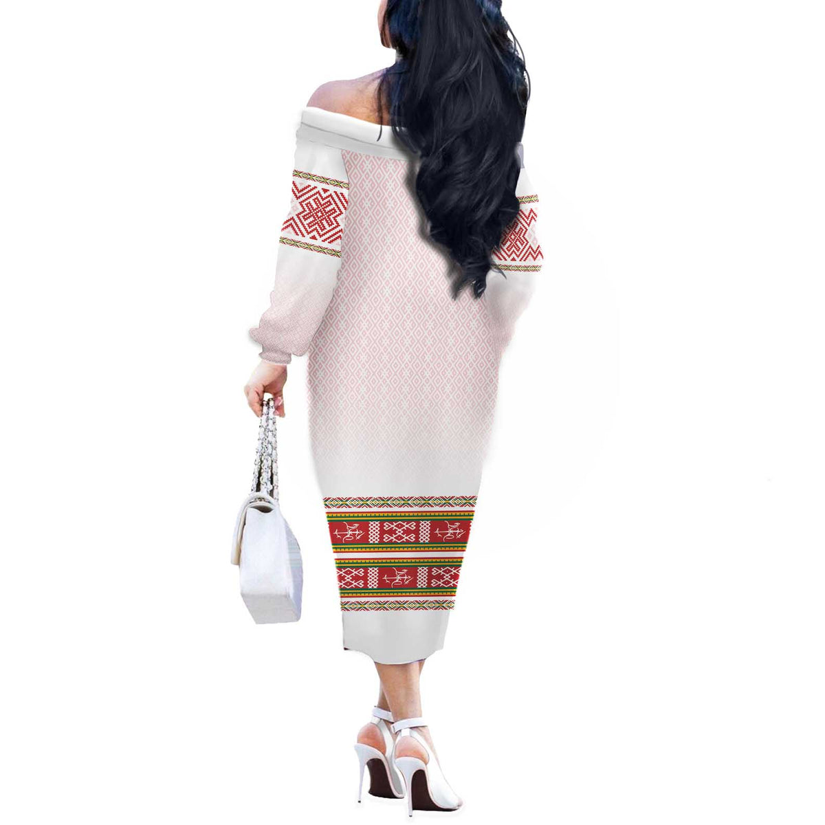 Lithuania Folk Pattern Vytis Motif Off The Shoulder Long Sleeve Dress