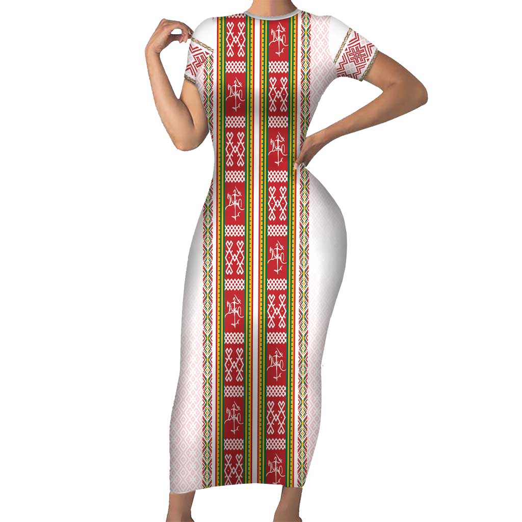 Lithuania Folk Pattern Vytis Motif Short Sleeve Bodycon Dress