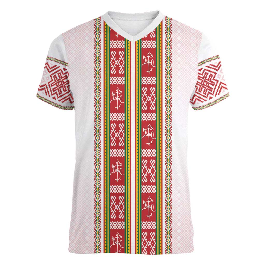 Lithuania Folk Pattern Vytis Motif Women V-Neck T-Shirt