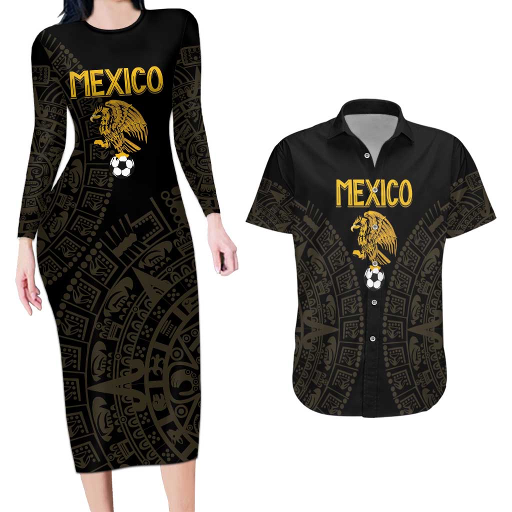 Mexico Football Custom Couples Matching Long Sleeve Bodycon Dress and Hawaiian Shirt Viva Mexicana Aztec Inspired
