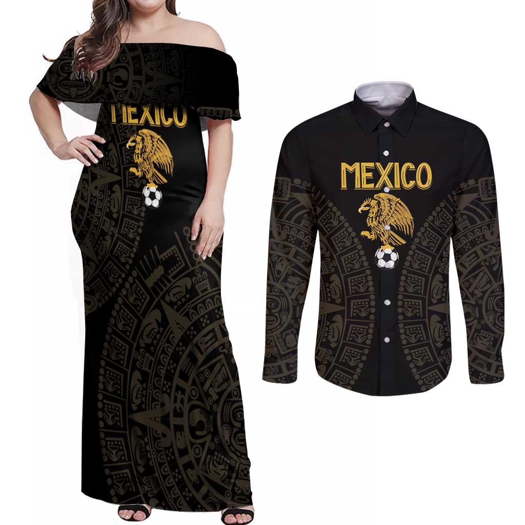 Mexico Football Custom Couples Matching Off Shoulder Maxi Dress and Long Sleeve Button Shirt Viva Mexicana Aztec Inspired