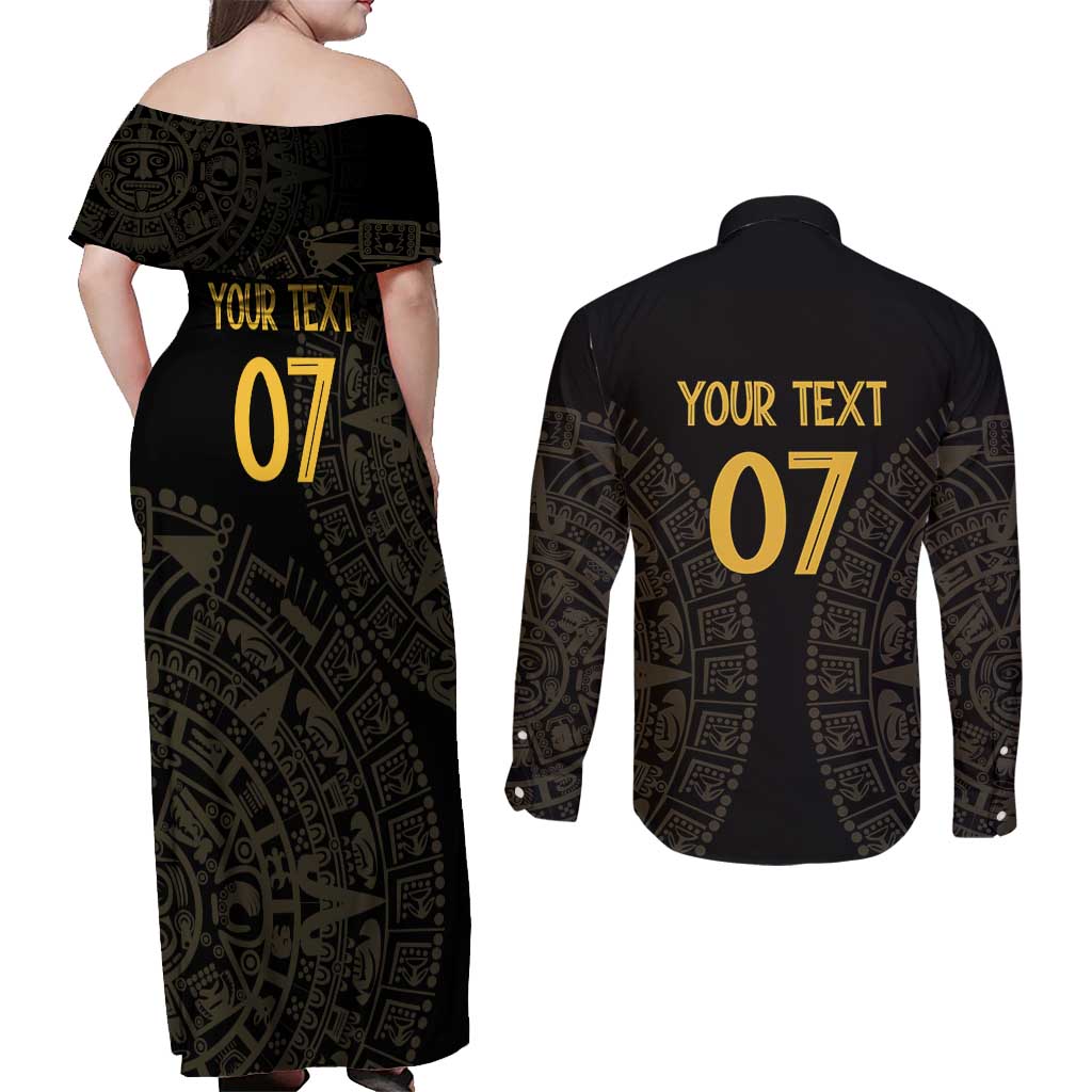 Mexico Football Custom Couples Matching Off Shoulder Maxi Dress and Long Sleeve Button Shirt Viva Mexicana Aztec Inspired