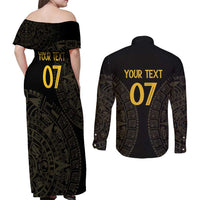 Mexico Football Custom Couples Matching Off Shoulder Maxi Dress and Long Sleeve Button Shirt Viva Mexicana Aztec Inspired