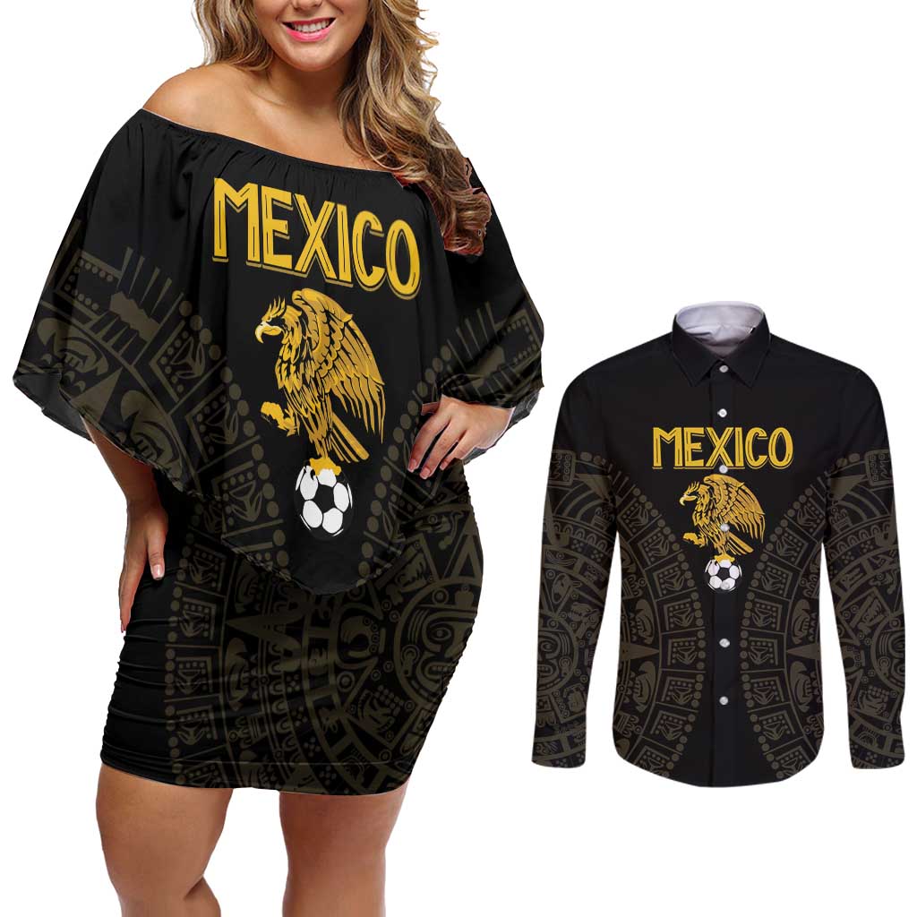 Mexico Football Custom Couples Matching Off Shoulder Short Dress and Long Sleeve Button Shirt Viva Mexicana Aztec Inspired