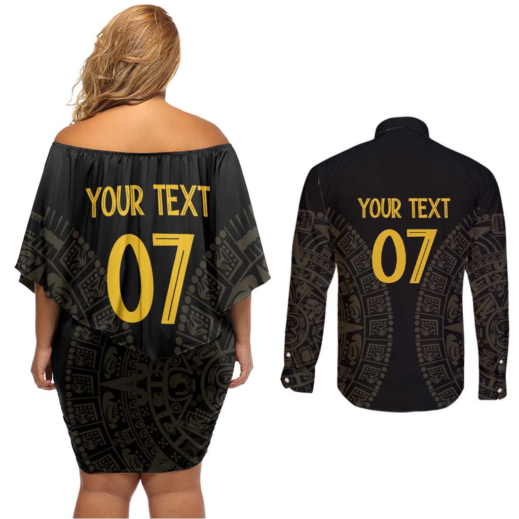 Mexico Football Custom Couples Matching Off Shoulder Short Dress and Long Sleeve Button Shirt Viva Mexicana Aztec Inspired
