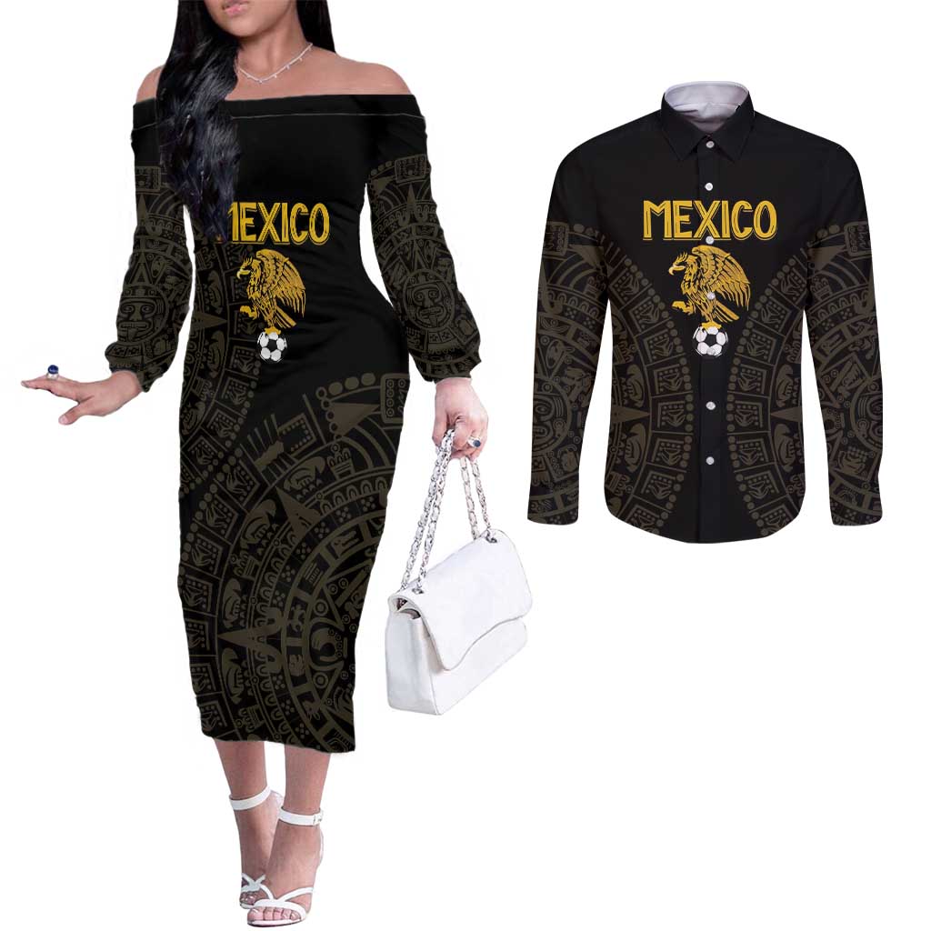Mexico Football Custom Couples Matching Off The Shoulder Long Sleeve Dress and Long Sleeve Button Shirt Viva Mexicana Aztec Inspired