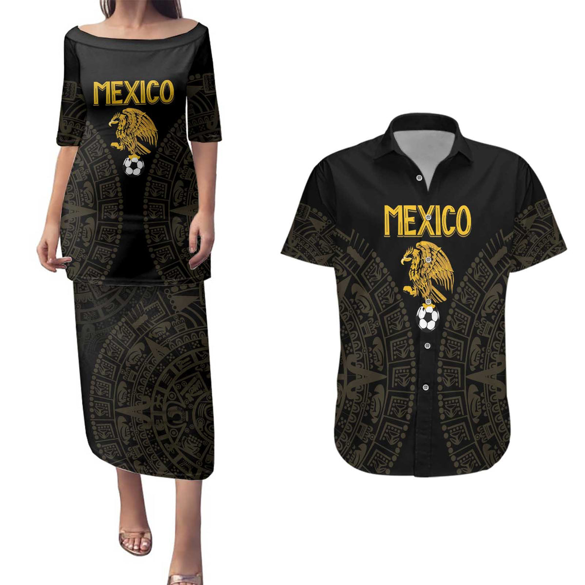 Mexico Football Custom Couples Matching Puletasi and Hawaiian Shirt Viva Mexicana Aztec Inspired