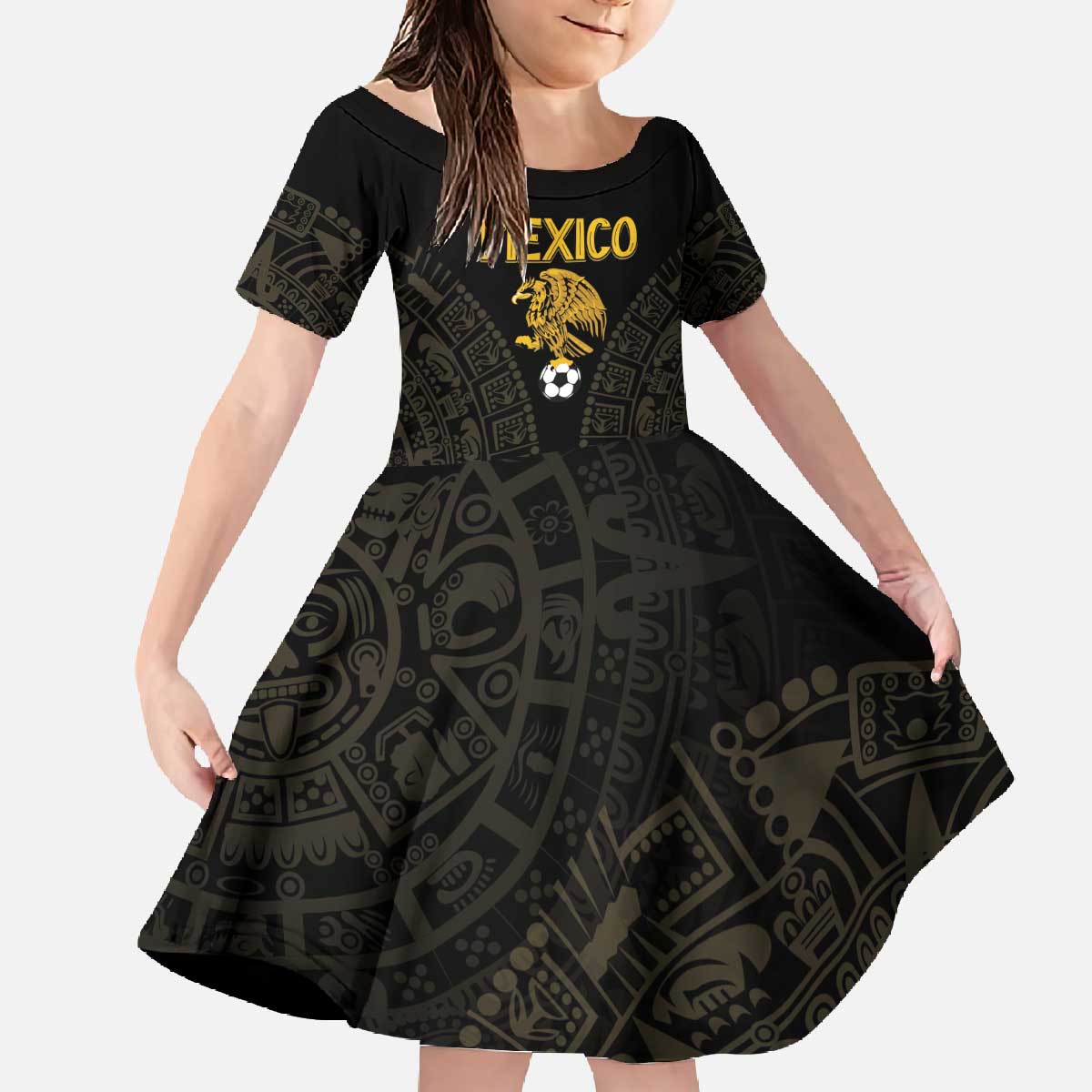 Mexico Football Custom Family Matching Off The Shoulder Long Sleeve Dress and Hawaiian Shirt Viva Mexicana Aztec Inspired
