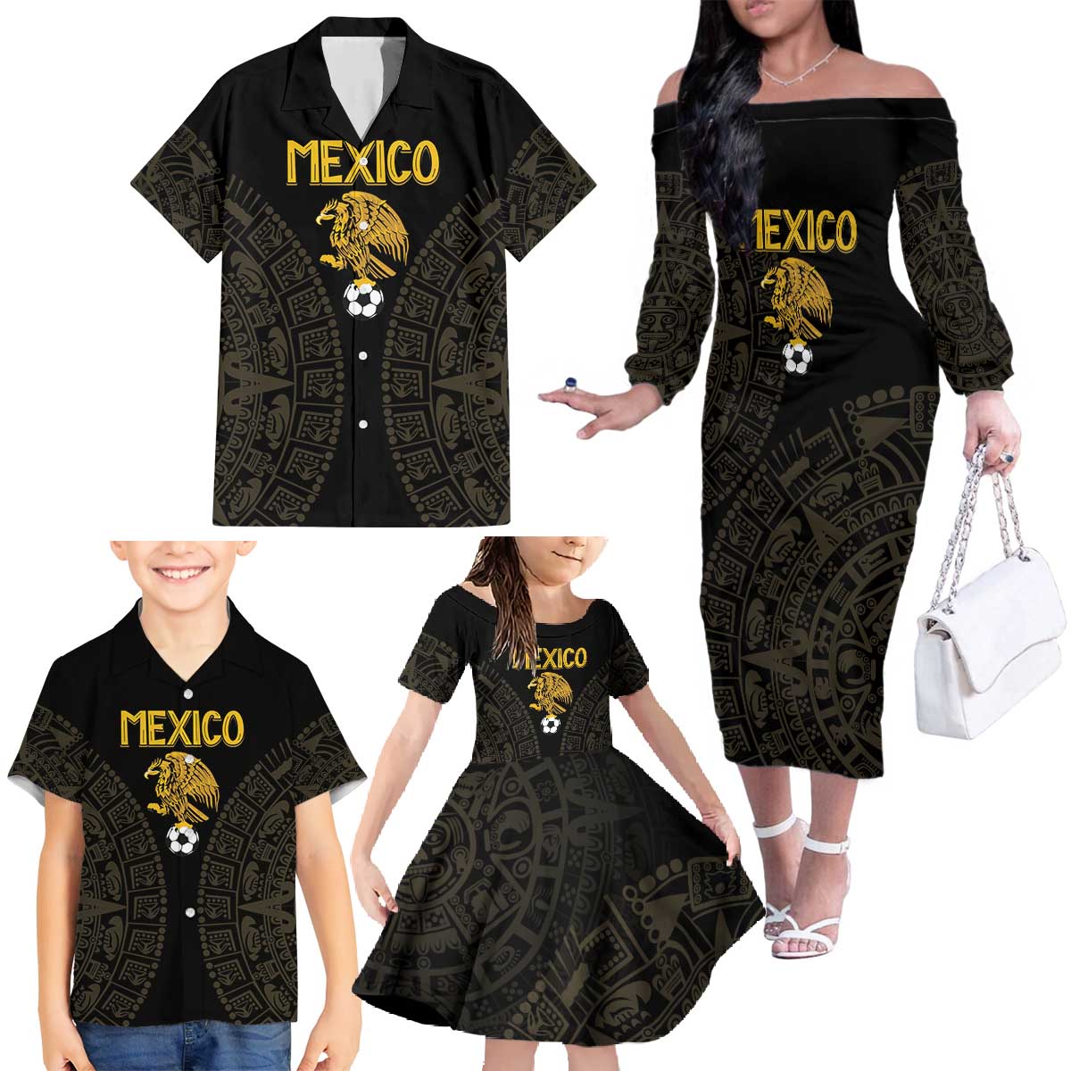Mexico Football Custom Family Matching Off The Shoulder Long Sleeve Dress and Hawaiian Shirt Viva Mexicana Aztec Inspired