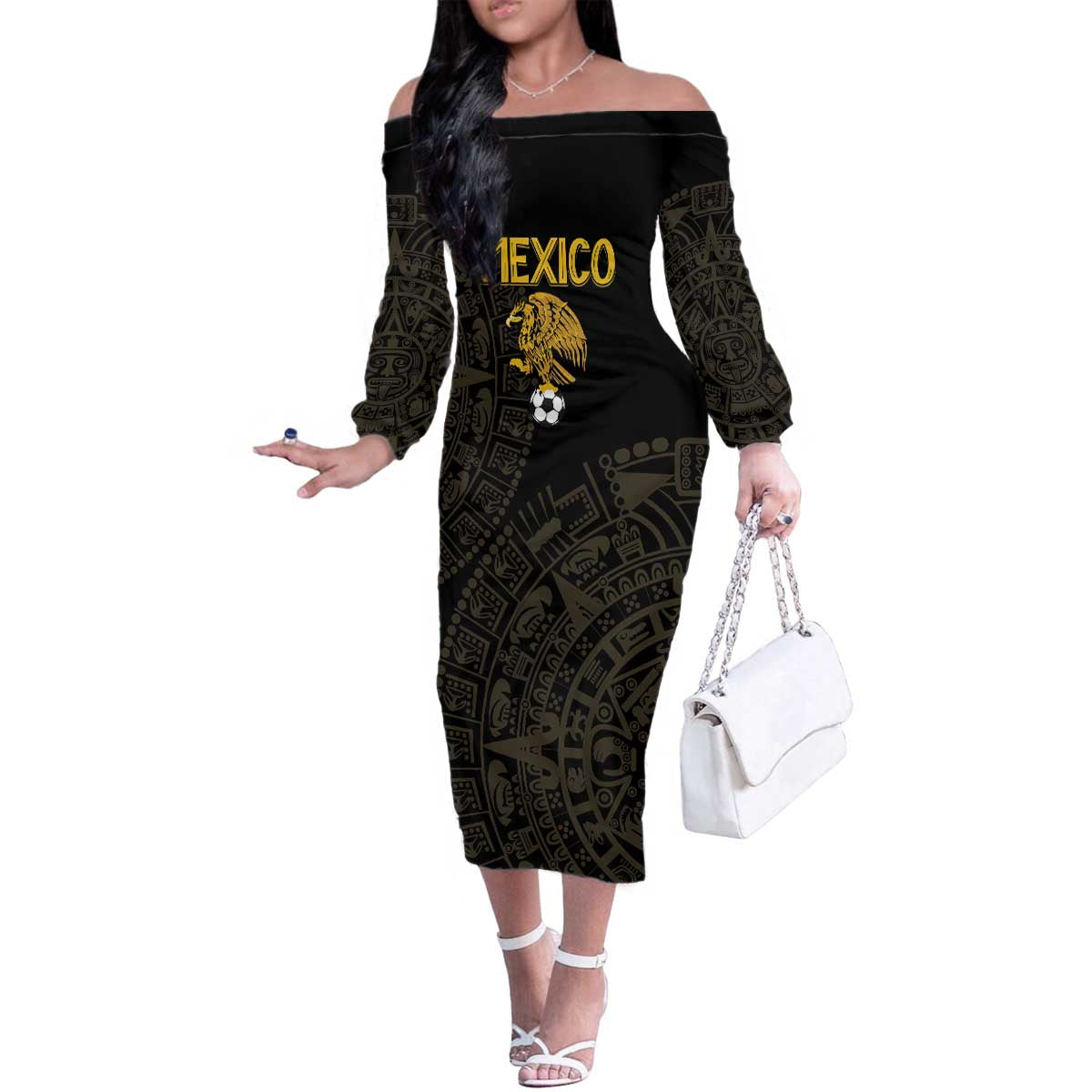 Mexico Football Custom Family Matching Off The Shoulder Long Sleeve Dress and Hawaiian Shirt Viva Mexicana Aztec Inspired