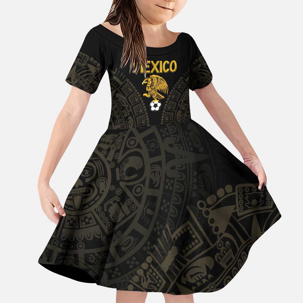 Mexico Football Custom Kid Short Sleeve Dress Viva Mexicana Aztec Inspired