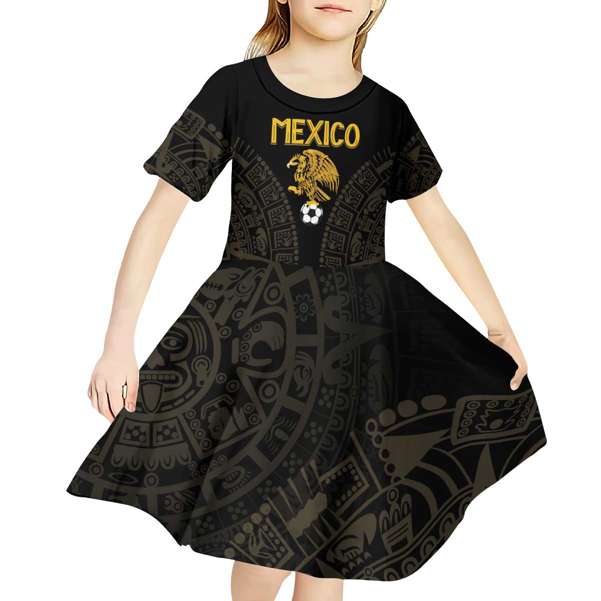 Mexico Football Custom Kid Short Sleeve Dress Viva Mexicana Aztec Inspired