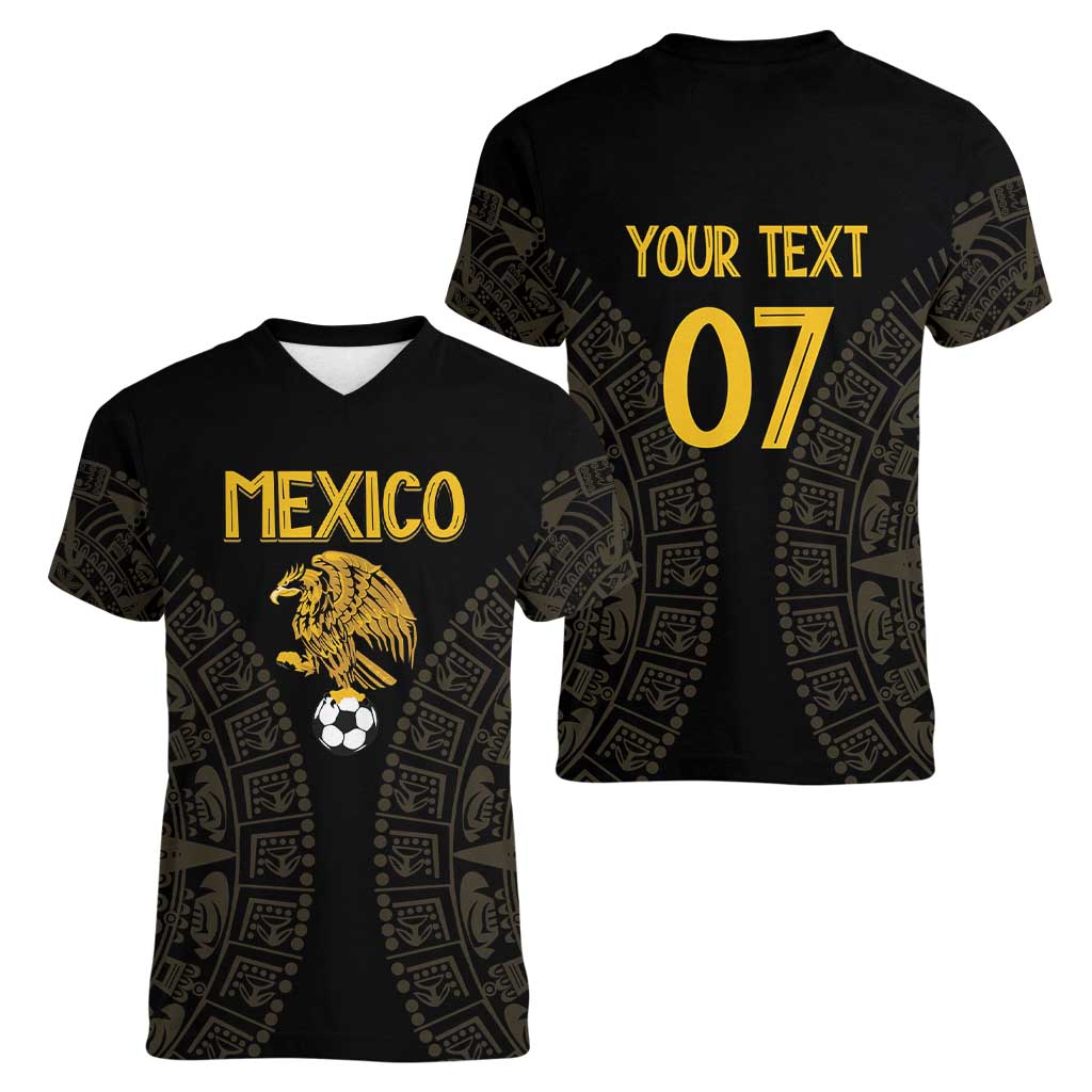 Mexico Football Custom Women V-Neck T-Shirt Viva Mexicana Aztec Inspired