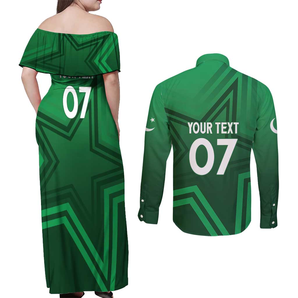 Pakistan Cricket World Cup 2024 Couples Matching Off Shoulder Maxi Dress and Long Sleeve Button Shirt Star Jersey Inspired LT7 - Wonder Print Shop