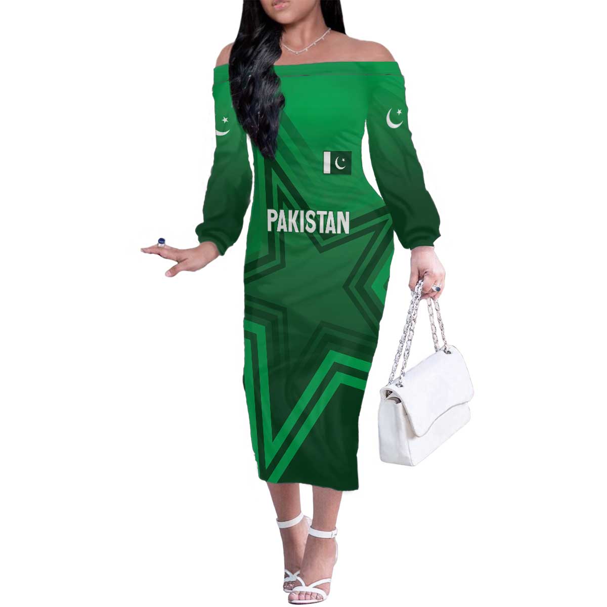 Pakistan Cricket World Cup 2024 Family Matching Off The Shoulder Long Sleeve Dress and Hawaiian Shirt Star Jersey Inspired - Wonder Print Shop