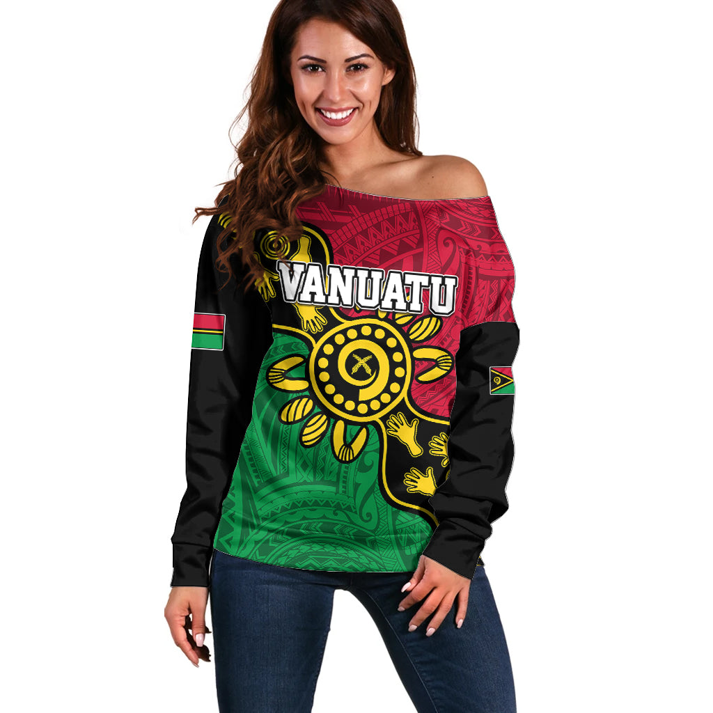 Personalised Vanuatu Off Shoulder Sweater Mix Aboriginal Dot Art - Wonder Print Shop