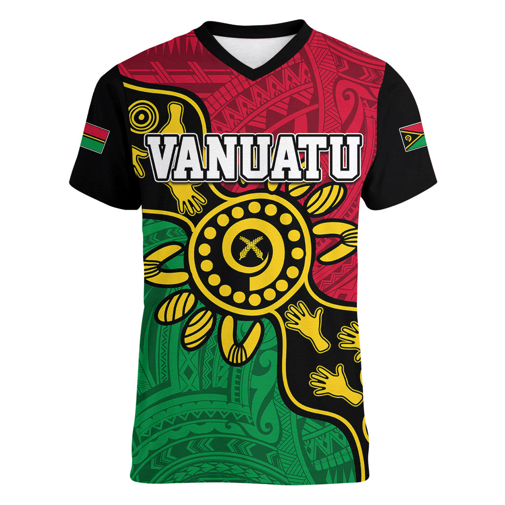 Personalised Vanuatu Women V Neck T Shirt Mix Aboriginal Dot Art - Wonder Print Shop