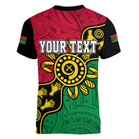 Personalised Vanuatu Women V Neck T Shirt Mix Aboriginal Dot Art - Wonder Print Shop