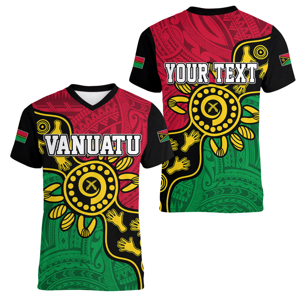 Personalised Vanuatu Women V Neck T Shirt Mix Aboriginal Dot Art - Wonder Print Shop