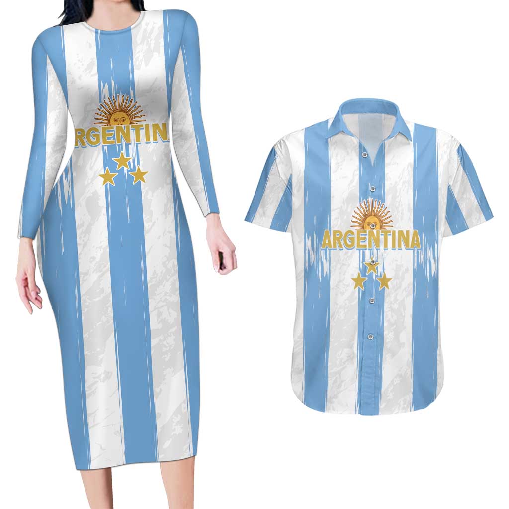 Argentina Football Custom Couples Matching Long Sleeve Bodycon Dress and Hawaiian Shirt 2024 Albiceleste Grunge LT7 - Wonder Print Shop