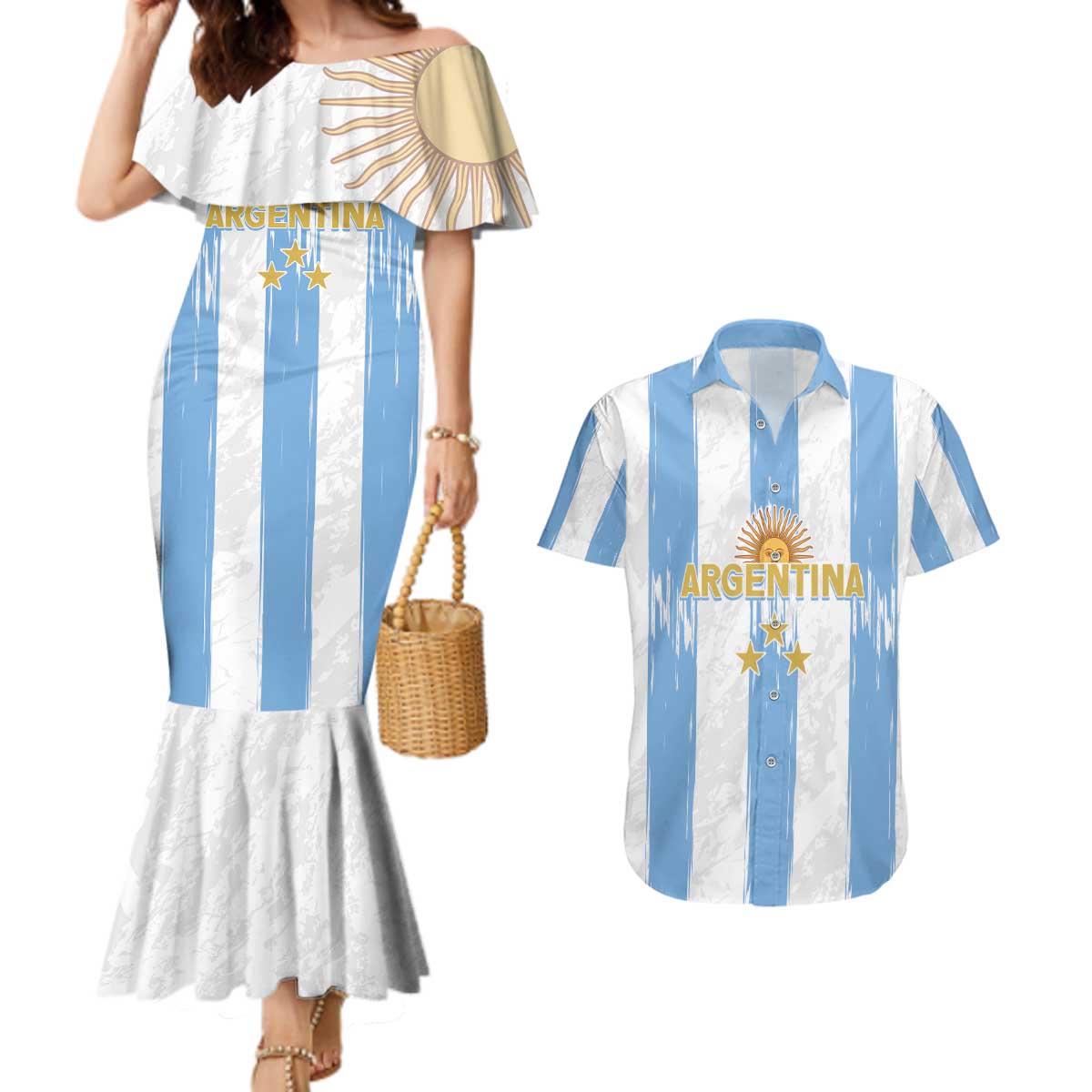 Argentina Football Custom Couples Matching Mermaid Dress and Hawaiian Shirt 2024 Albiceleste Grunge LT7 - Wonder Print Shop