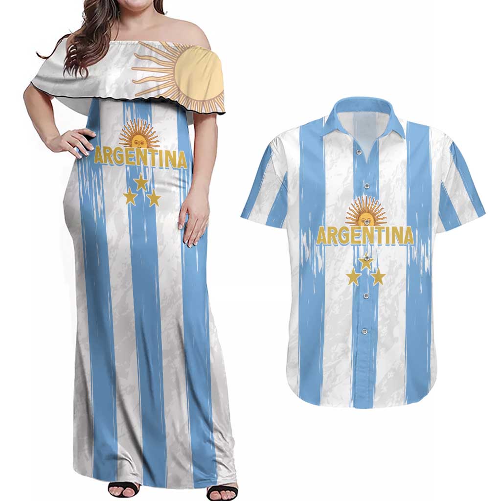 Argentina Football Custom Couples Matching Off Shoulder Maxi Dress and Hawaiian Shirt 2024 Albiceleste Grunge LT7 - Wonder Print Shop