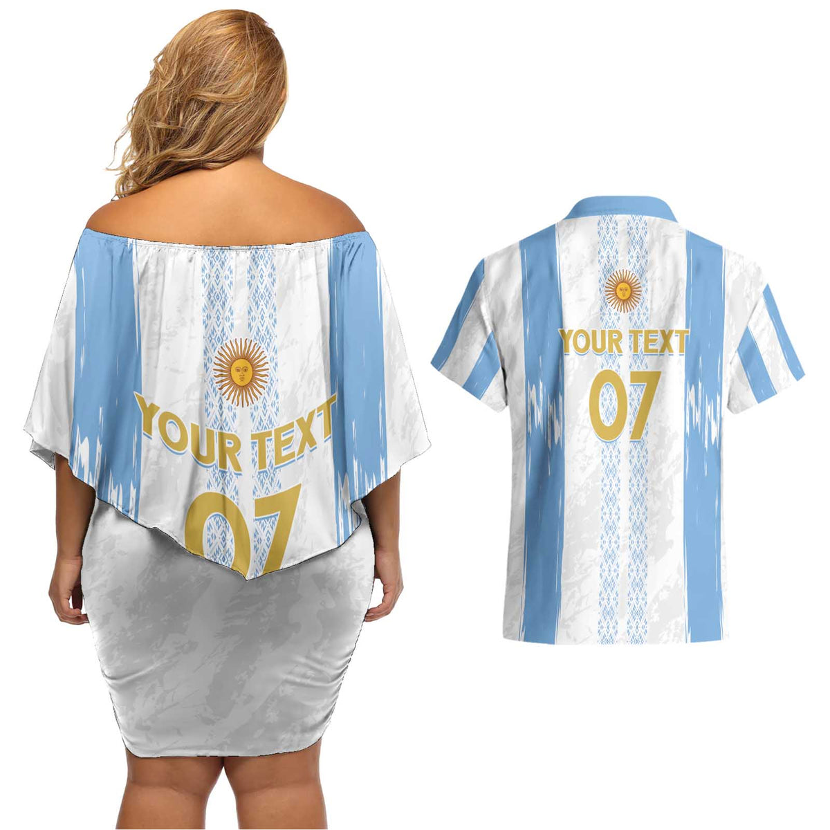 Argentina Football Custom Couples Matching Off Shoulder Short Dress and Hawaiian Shirt 2024 Albiceleste Grunge LT7 - Wonder Print Shop
