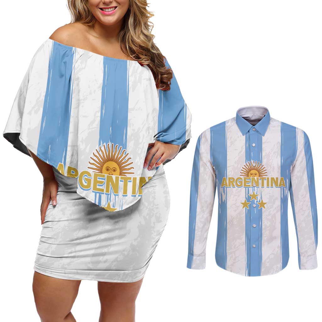 Argentina Football Custom Couples Matching Off Shoulder Short Dress and Long Sleeve Button Shirt 2024 Albiceleste Grunge LT7 - Wonder Print Shop