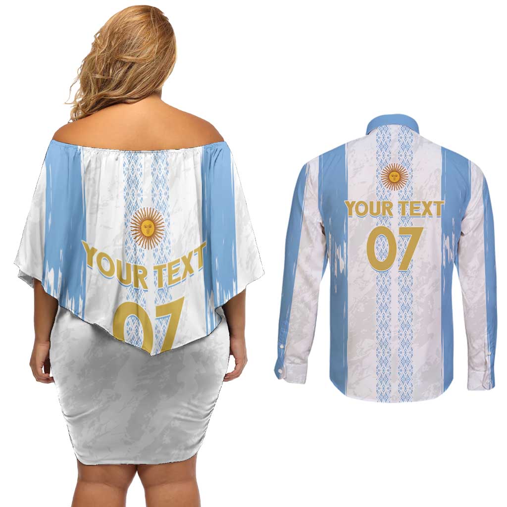 Argentina Football Custom Couples Matching Off Shoulder Short Dress and Long Sleeve Button Shirt 2024 Albiceleste Grunge LT7 - Wonder Print Shop