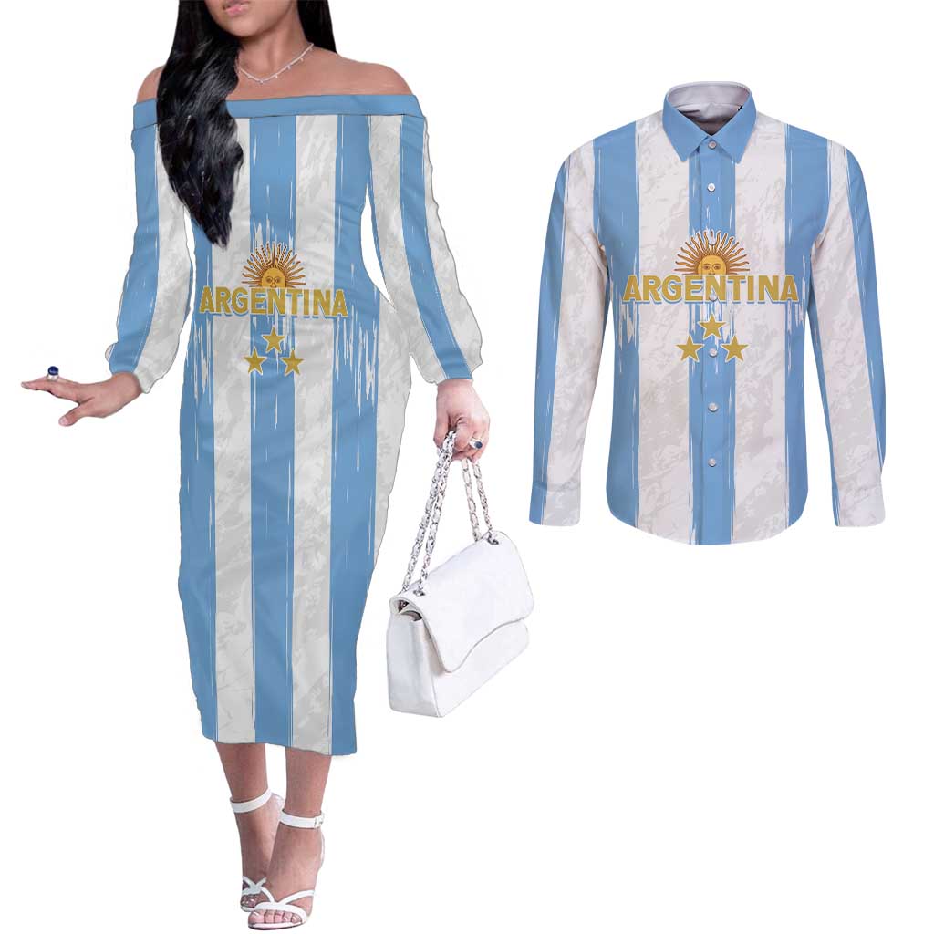 Argentina Football Custom Couples Matching Off The Shoulder Long Sleeve Dress and Long Sleeve Button Shirt 2024 Albiceleste Grunge