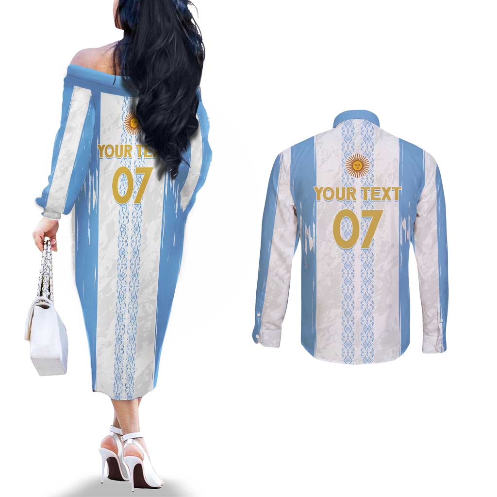Argentina Football Custom Couples Matching Off The Shoulder Long Sleeve Dress and Long Sleeve Button Shirt 2024 Albiceleste Grunge