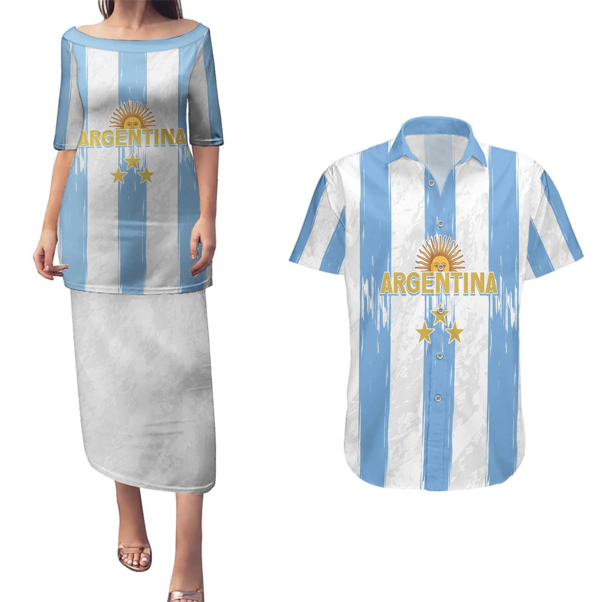 Argentina Football Custom Couples Matching Puletasi and Hawaiian Shirt 2024 Albiceleste Grunge LT7 - Wonder Print Shop
