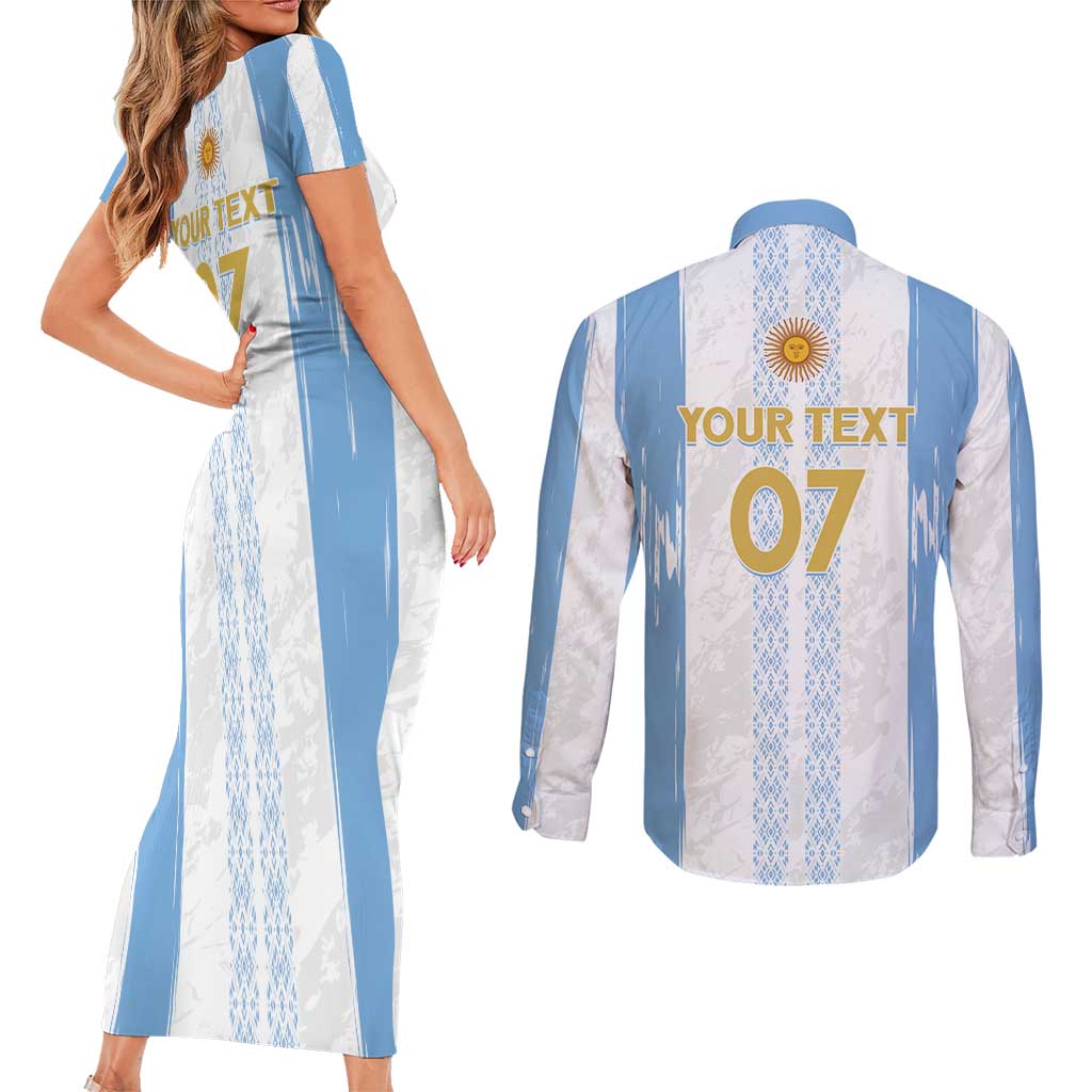 Argentina Football Custom Couples Matching Short Sleeve Bodycon Dress and Long Sleeve Button Shirt 2024 Albiceleste Grunge LT7 - Wonder Print Shop