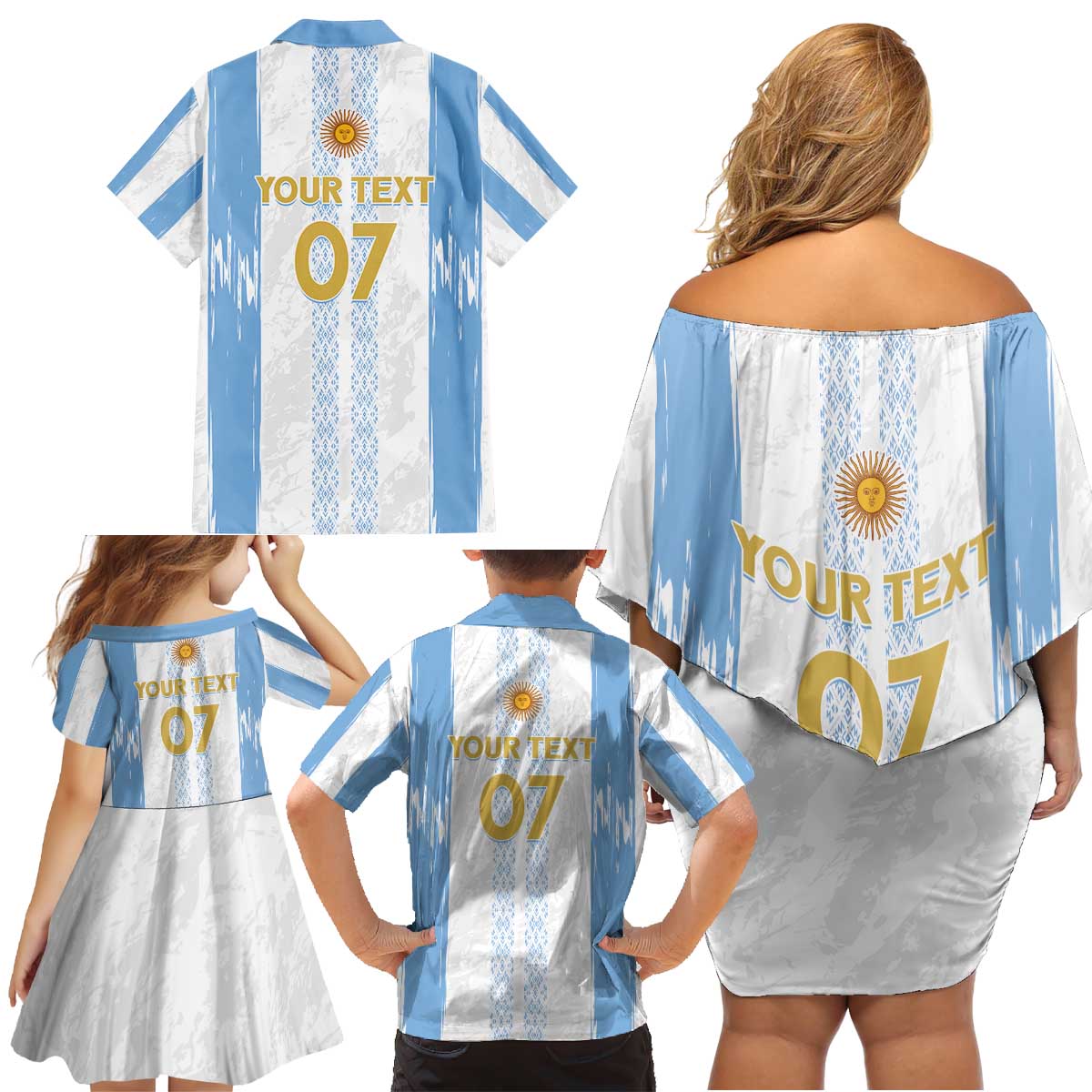 Argentina Football Custom Family Matching Off Shoulder Short Dress and Hawaiian Shirt 2024 Albiceleste Grunge LT7 - Wonder Print Shop