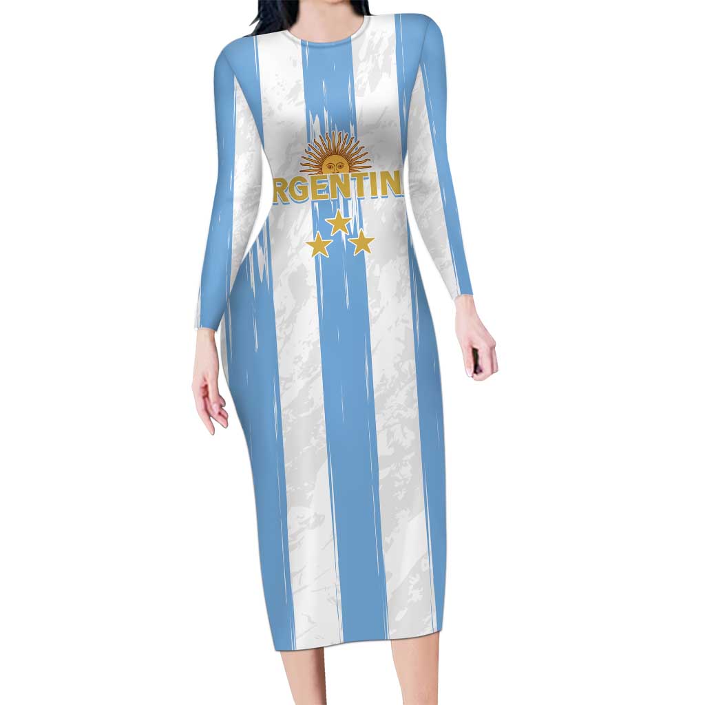 Argentina Football Custom Long Sleeve Bodycon Dress 2024 Albiceleste Grunge - Wonder Print Shop