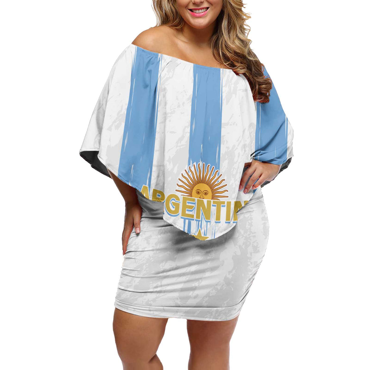Argentina Football Custom Off Shoulder Short Dress 2024 Albiceleste Grunge - Wonder Print Shop
