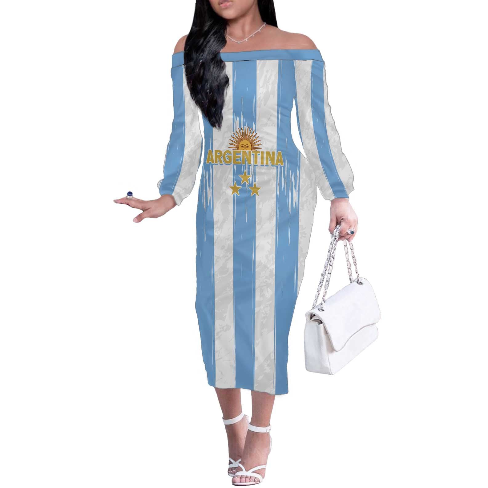 Argentina Football Custom Off The Shoulder Long Sleeve Dress 2024 Albiceleste Grunge - Wonder Print Shop