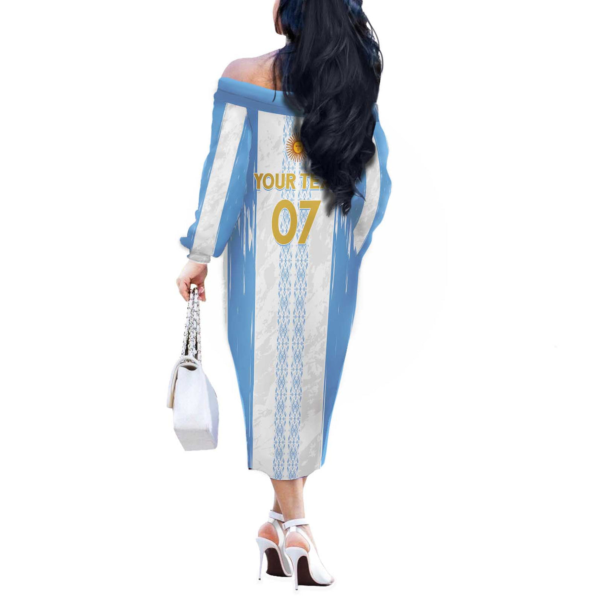 Argentina Football Custom Off The Shoulder Long Sleeve Dress 2024 Albiceleste Grunge - Wonder Print Shop