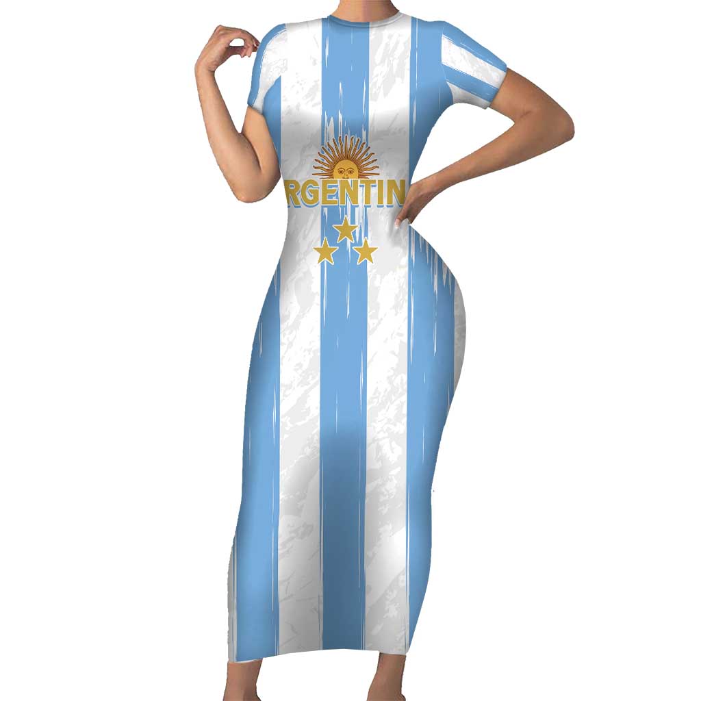 Argentina Football Custom Short Sleeve Bodycon Dress 2024 Albiceleste Grunge - Wonder Print Shop