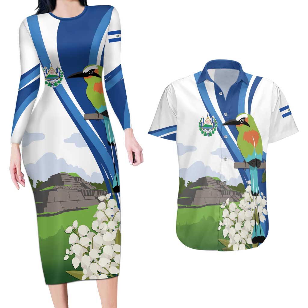 El Salvador Tazumal Couples Matching Long Sleeve Bodycon Dress and Hawaiian Shirt Flor de Izote with Torogoz Bird - Wonder Print Shop