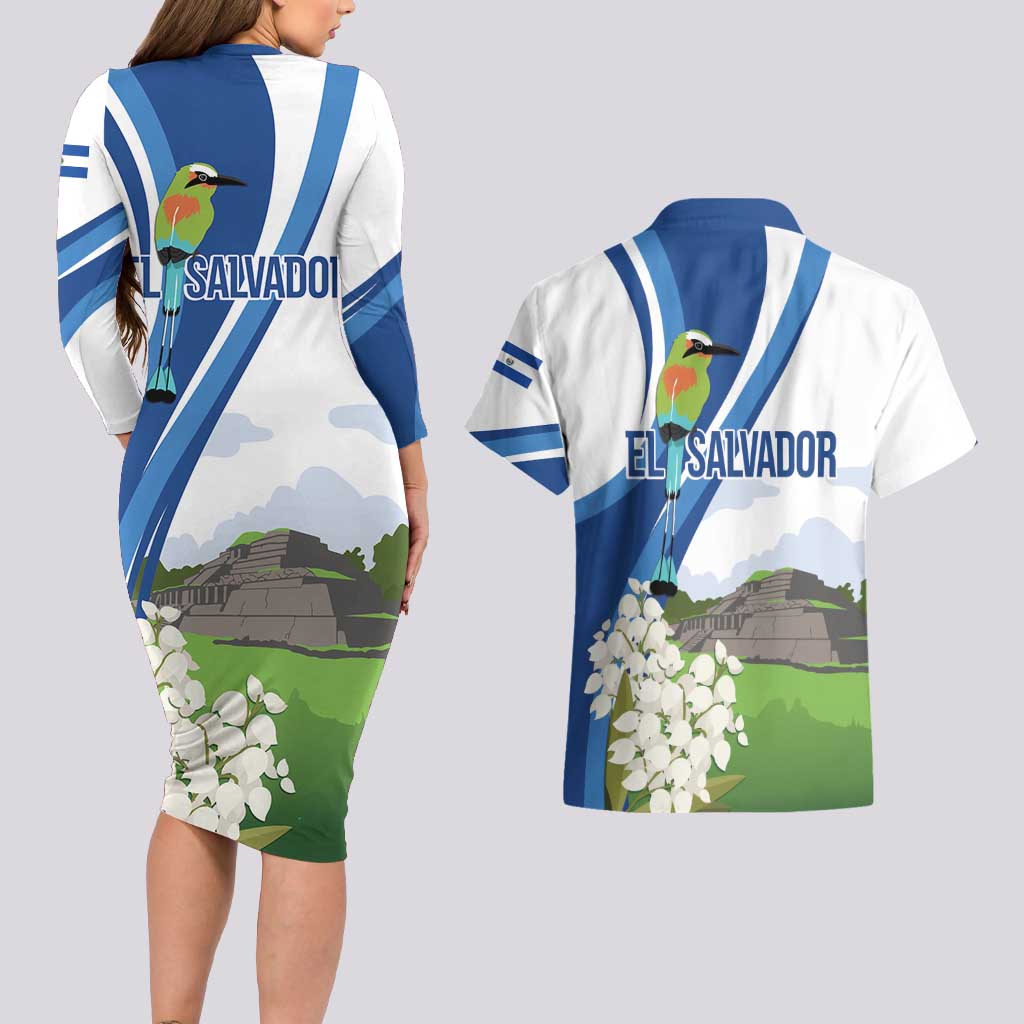 El Salvador Tazumal Couples Matching Long Sleeve Bodycon Dress and Hawaiian Shirt Flor de Izote with Torogoz Bird - Wonder Print Shop
