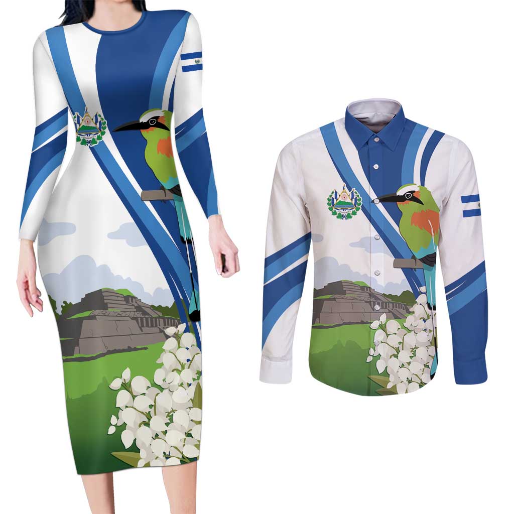 El Salvador Tazumal Couples Matching Long Sleeve Bodycon Dress and Long Sleeve Button Shirt Flor de Izote with Torogoz Bird - Wonder Print Shop