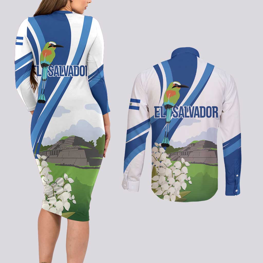El Salvador Tazumal Couples Matching Long Sleeve Bodycon Dress and Long Sleeve Button Shirt Flor de Izote with Torogoz Bird - Wonder Print Shop