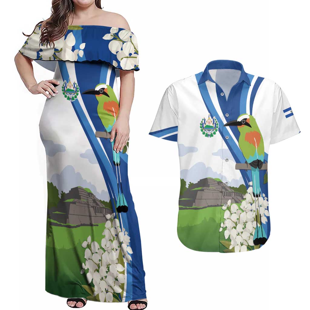 El Salvador Tazumal Couples Matching Off Shoulder Maxi Dress and Hawaiian Shirt Flor de Izote with Torogoz Bird - Wonder Print Shop