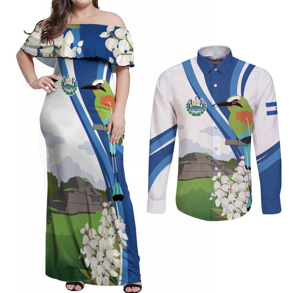 El Salvador Tazumal Couples Matching Off Shoulder Maxi Dress and Long Sleeve Button Shirt Flor de Izote with Torogoz Bird - Wonder Print Shop