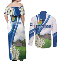 El Salvador Tazumal Couples Matching Off Shoulder Maxi Dress and Long Sleeve Button Shirt Flor de Izote with Torogoz Bird - Wonder Print Shop