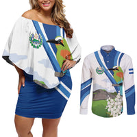 El Salvador Tazumal Couples Matching Off Shoulder Short Dress and Long Sleeve Button Shirt Flor de Izote with Torogoz Bird - Wonder Print Shop