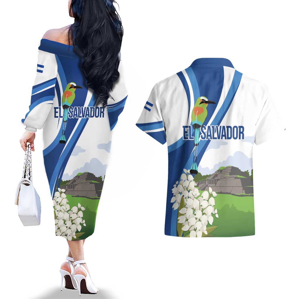 El Salvador Tazumal Couples Matching Off The Shoulder Long Sleeve Dress and Hawaiian Shirt Flor de Izote with Torogoz Bird - Wonder Print Shop