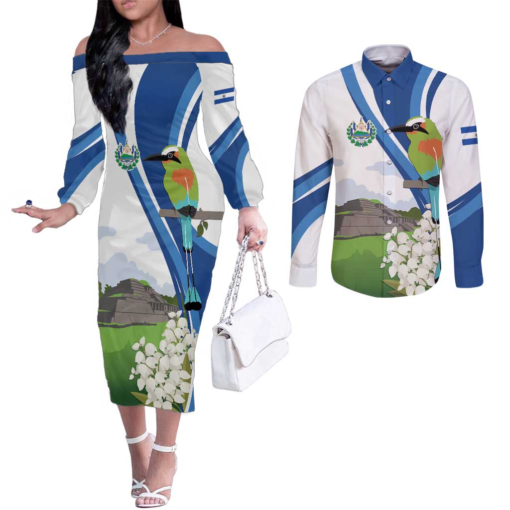 El Salvador Tazumal Couples Matching Off The Shoulder Long Sleeve Dress and Long Sleeve Button Shirt Flor de Izote with Torogoz Bird - Wonder Print Shop